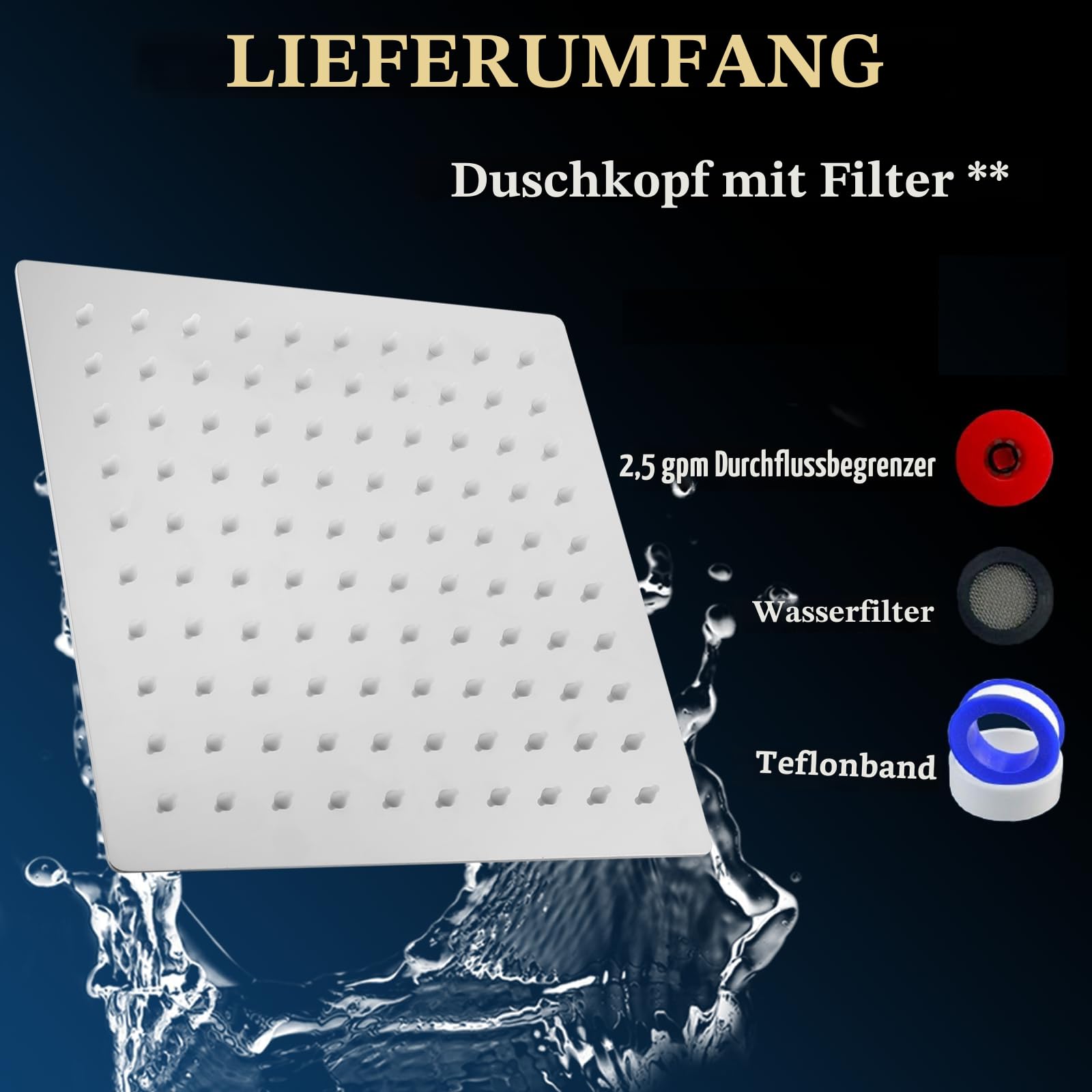 Gefilterter Duschkopf, 30cm, luxuriöser Regenduschkopf, macht hartes Wasser fest, verbessert den Zustand Ihrer Haut und Haare, Filter-integriertes Design, Chrom