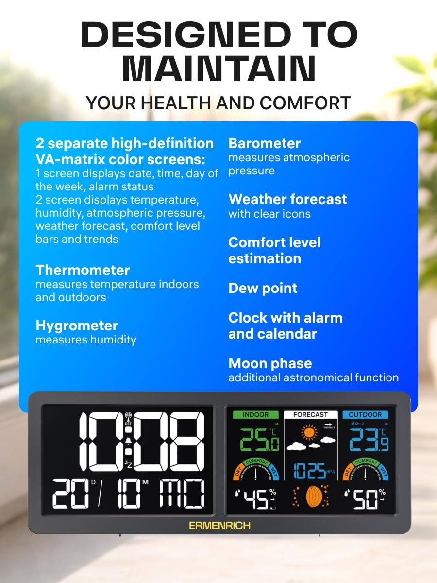 Report WR70 Wetterstation mit Außensensor und Doppel-Farbdisplay | Innen & Außen Thermometer Hygrometer mit Wettervorhersage, Barometer, Mondphase, Batteribetrieb für Zuhause, Büro und Garten