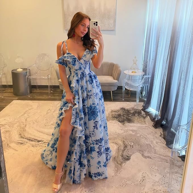 Floral Chiffon Prom Dress with Slit Long A Line Formal Wedding Party Evening Gown - Image 2