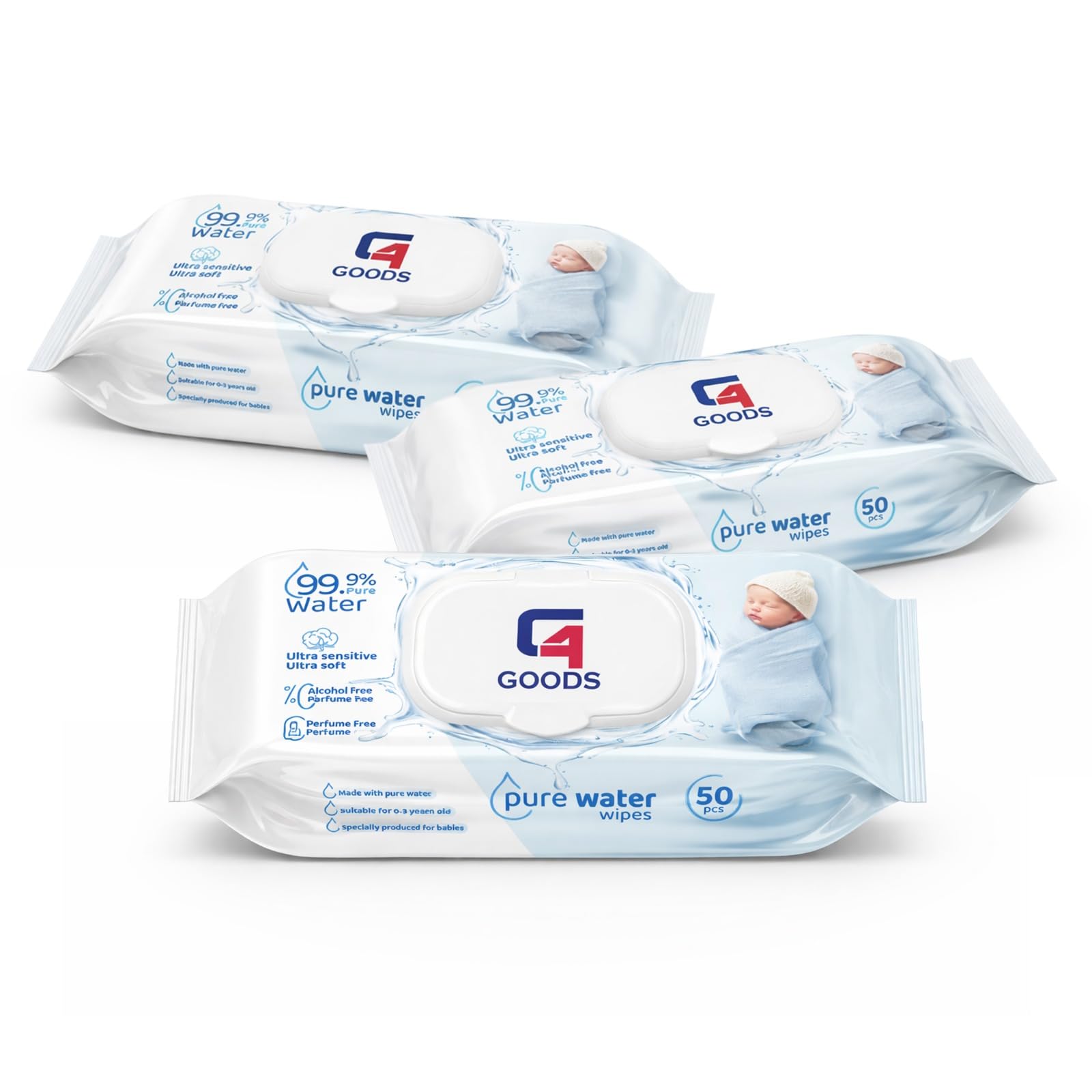 Water Baby Wipes (150 Counts - 3 Packs), made with 99% water and gentle for effective cleaning on delicate baby skin Sensitive Cleans Cares Protects Unscented
