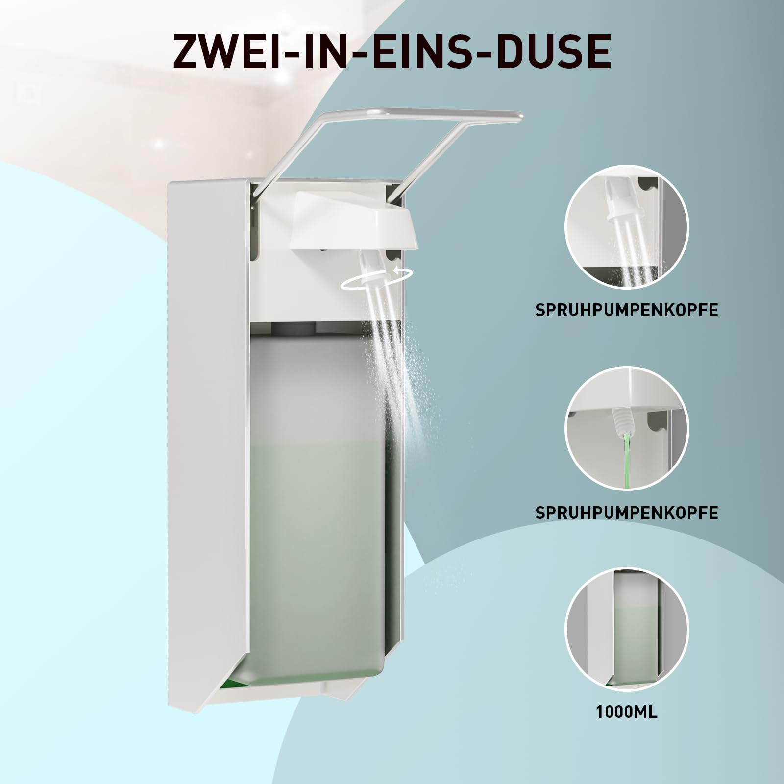 Eurospender 1000ML 2er Set, Seifenspender Mit Wandbefestigung Und Ellbogendruck Für Desinfektionsmittel Und Handseifen, Weiß Soap Dispenser, Aluminium