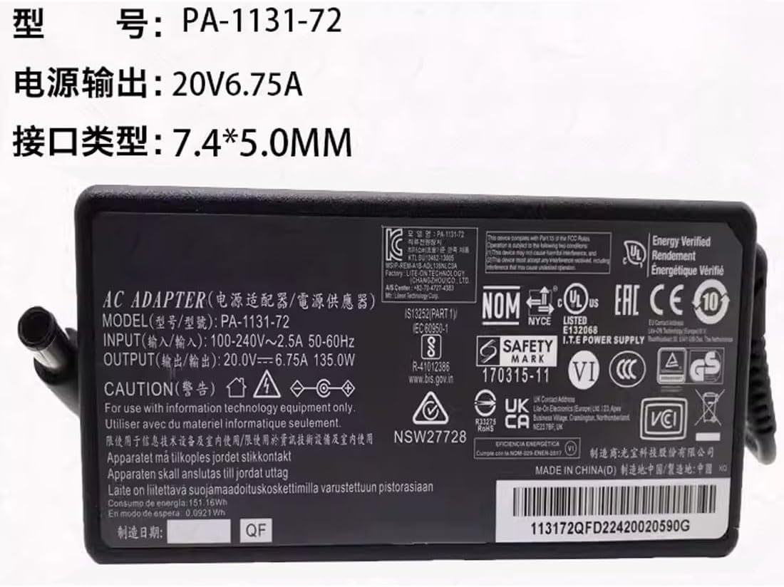 For Liteon PA-1131-72 20V 6.75A 135W 7.4*5.0mm 電源 ACアダプター互換用の充電器 パ