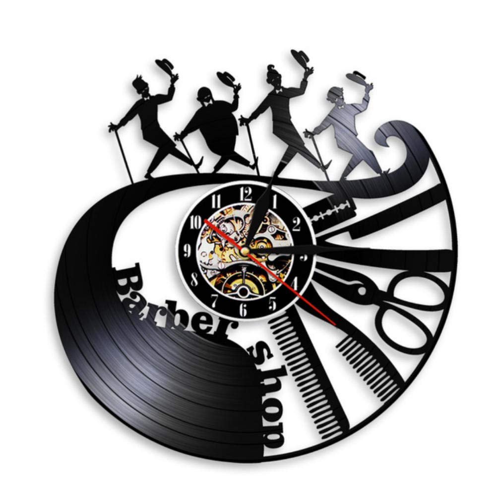 MRQXDP Barber Shop Tools Wall Clock Comb Scissor Razor Hairdresser Vinyl Record Clock Hairstylist Gentlemen Decorative Clock Wall Watch 7 Color Night light Wall Clock Hanging Lamp