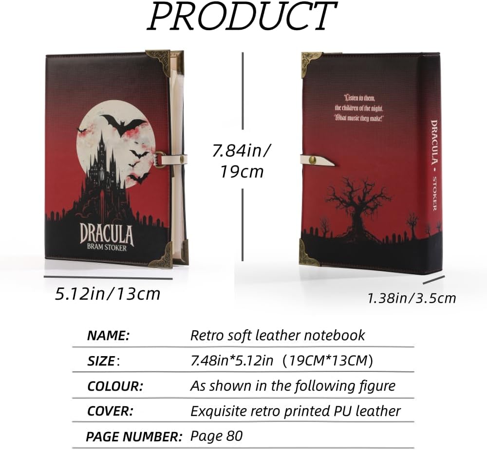 A6 Binder 6 Ring Vegan Leather, Refillable Writing Binder Organizer, Book Lovers Gifts, Journal Notebook-80 Pages (Dracula)