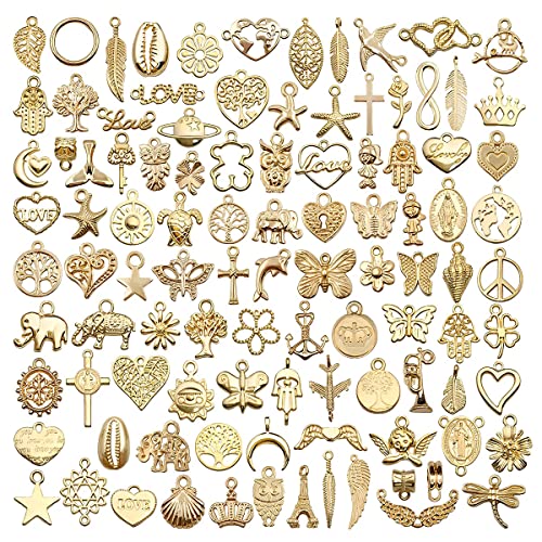 MAYCREATE Metal 100Pcs Gold Alloy Charms For Jewellery Making Pendants Bulk Lots Antique Mixed Diy Necklace Bracelets Charms Pendants Kit For Jewelry Making And Crafting Supplies