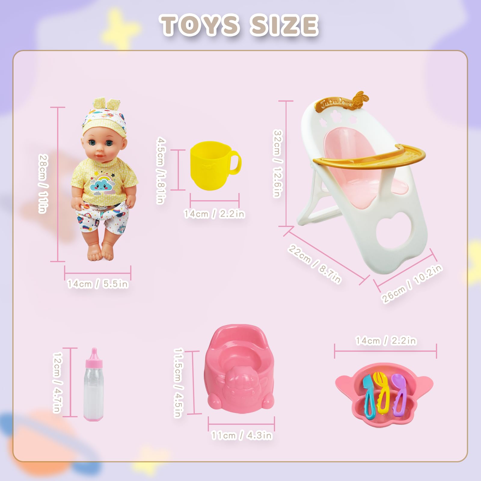RedCrab Bambola con Accessori, 18 Pezzi Set Bambole per Bambina con Seggiolone, Vestiti, Biberon, Tettarella, Vasino e Pannolini, Giocattolo Regalo per Bambina 2 3 4 5 6 Anni