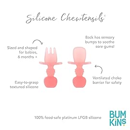 Bumkins Baby Utensils Set, Chewtensils Silicone Spoons for Dipping, Self-Feeding, Baby Led Weaning, Trainer Learning, First Stage Eating, Soft Practice Fork and Spoon, Babies 6 Months, Pink Jelly