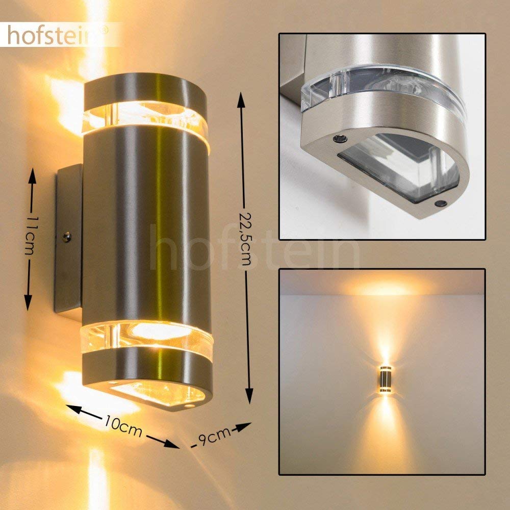 HOFSTEIN Außenwandleuchte Maturin, Außenwandlampe aus Metall/Kunststoff in Edelstahlfarben/Klar, moderne Wandlampe mit Up&Down-Lichteffekt, 2 x GU10, IP44, Eingangsbereich, Haustüre, Terrasse, Hof