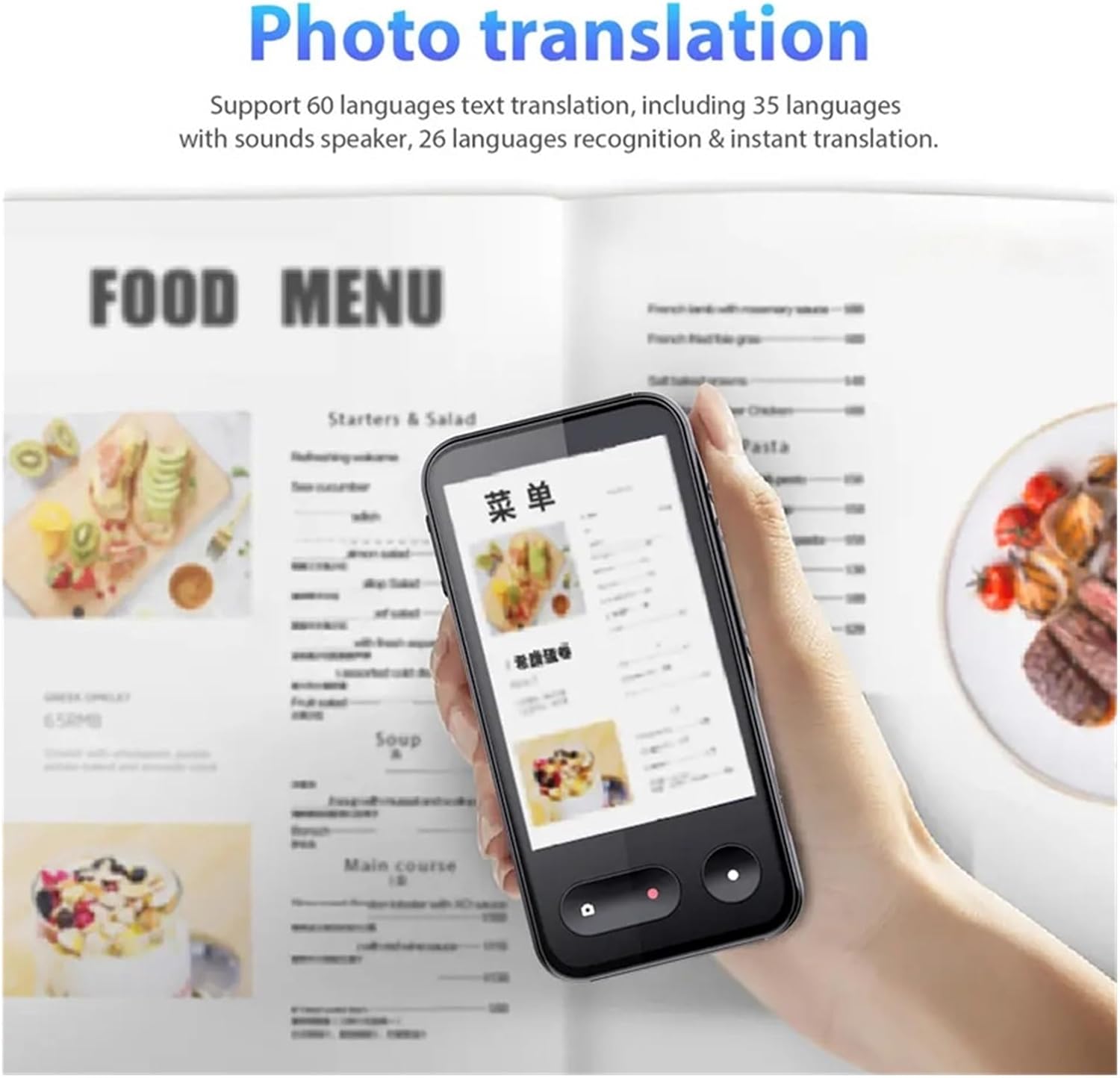Image showing the T7 translator device held over a food menu, displaying a translated section on its screen.