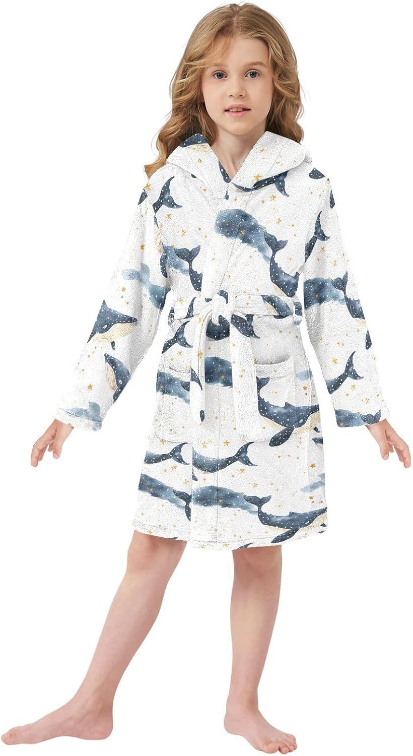 senya White Background Whale Toddler Hooded Bathrobe Kids Soft Plush Bath Towel Robes for Boys Girls 2-12 Years