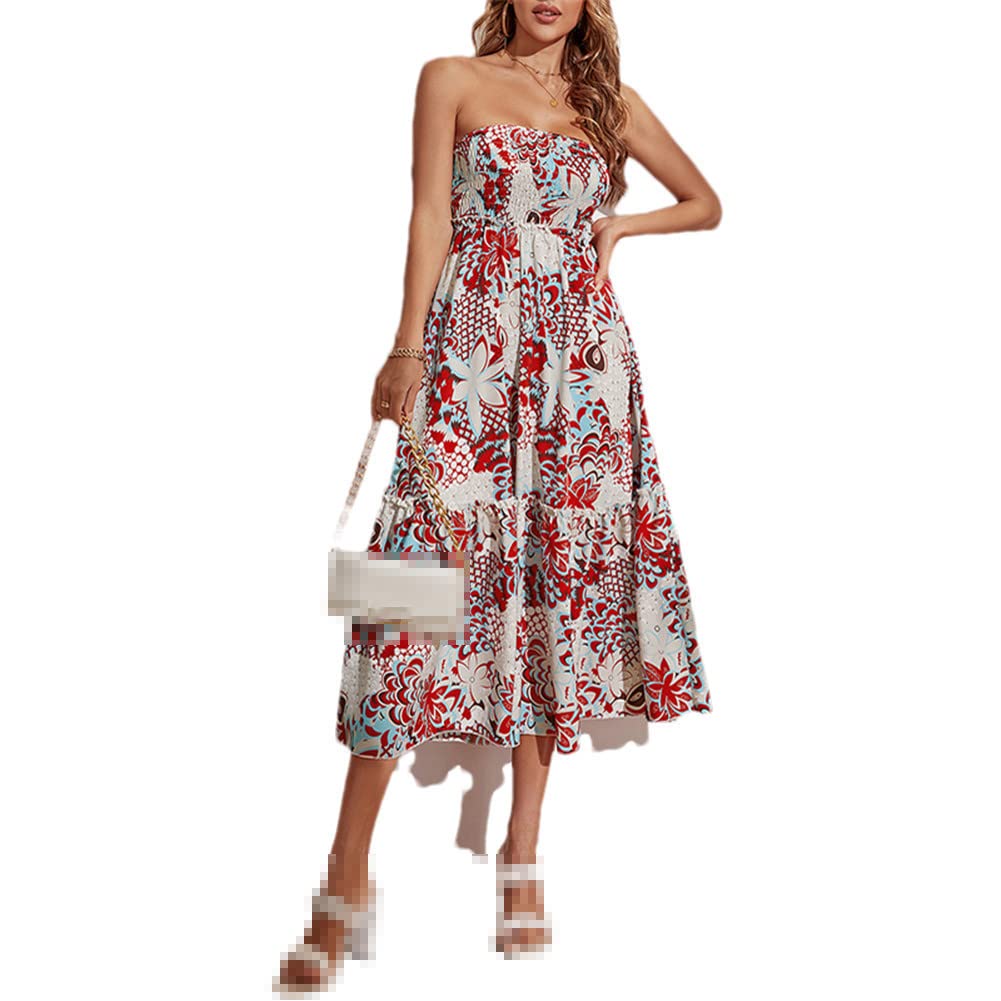 Vsadsau Vestido largo de verano para mujer, ajustado, sin mangas, estampado floral, vestido midi para fiesta de playa