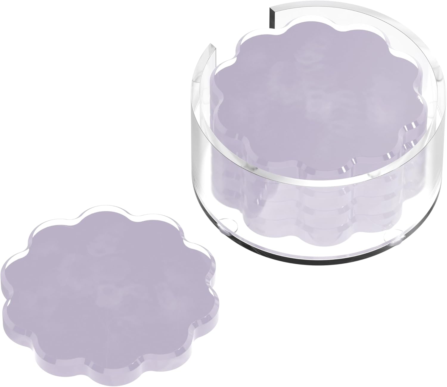 GRAHAM DESIGN Scalloped Acrylic Drink Coaster Set 4‑Pack with Holder – Light Purple Minimalist Beverage Coasters, Non‑Slip Table Protector, Modern Housewarming Gift