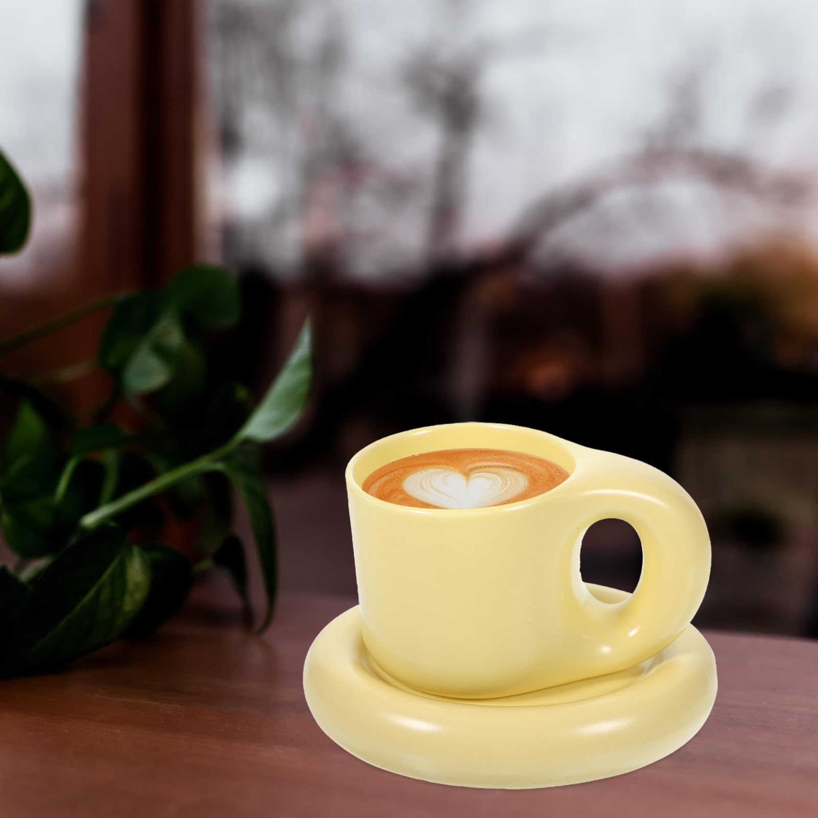 300ml Keramik Kaffeebecher mit Untertasse Niedliche Tasse Gelb Glatt und Grate für Büro und Zuhause Stilvolles Nordisches Design