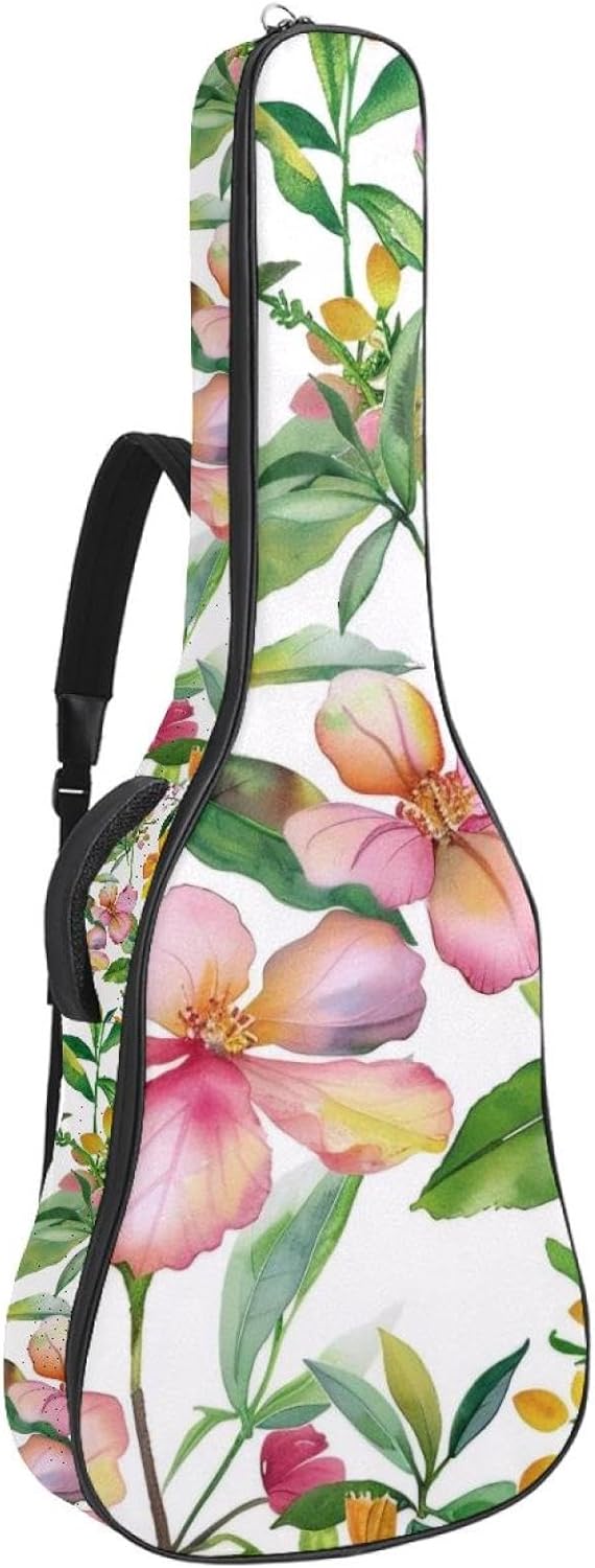40 41 42 Inch Guitar Bags, Waterproof Padded Acoustic Guitar Case Backpack with Adjustable Shoulder Strap & Pockets, Pink Yellow Flowers Green Leaves Branches