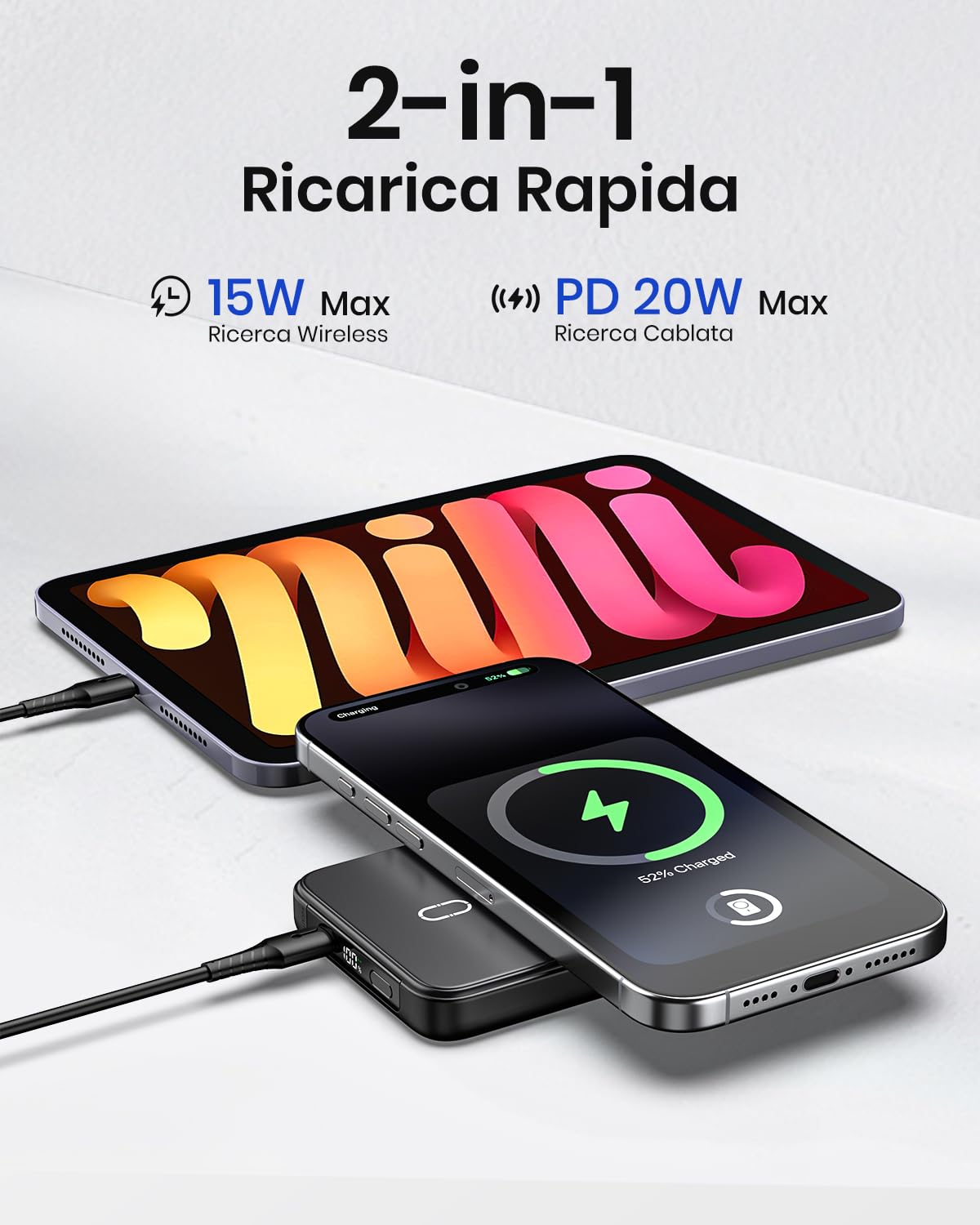 Magnetico-Power-Bank-Wireless-10000mAh - Riapow PD 20W QC 3.0 Ricarica Rapida Powerbank, Caricabatterie Portatile con Ingresso e Uscita USB C e Display LED per IPhone 16/15/14/13/12 (Nero)