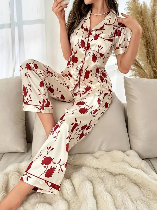 Image of Night Suit for Women with Full Sleeve Button-Down Top with Pant Dress for Woman,Night Dress for Woman, Two-Piece Loungewear Set