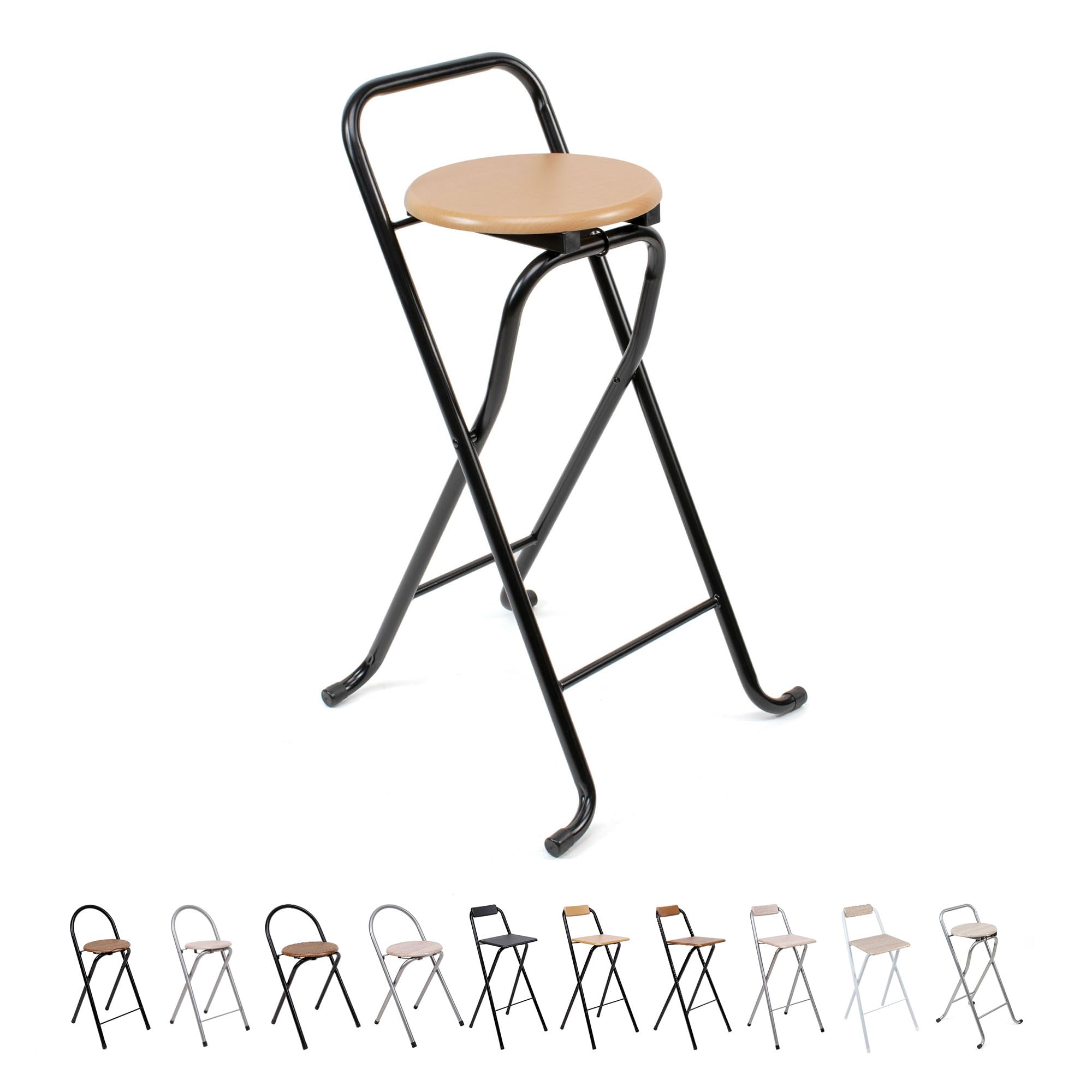 Taburete Plegable con Respaldo - Silla Plegable de Metal y Madera - Ideal para Cocina, Terraza o Jardín (Alto. 80 cm x Largo. 45 cm - Patas Negras)