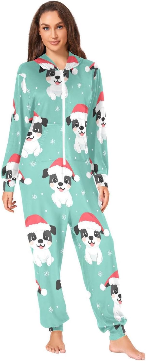 ZZKKO Cute Dog with Santa Hat Adult Onesie Pajamas for Women Men Cozy One Piece Pajamas Costume Zip-Up Hooded S-XL