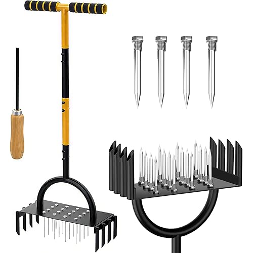Heavy Duty Manual Lawn Aerator Tool, 4-Spike Core Aerator with T-Handle, Yard Soil Loosener with Rake, Plug Aeration Hand Tool for Healthy Grass Growth
