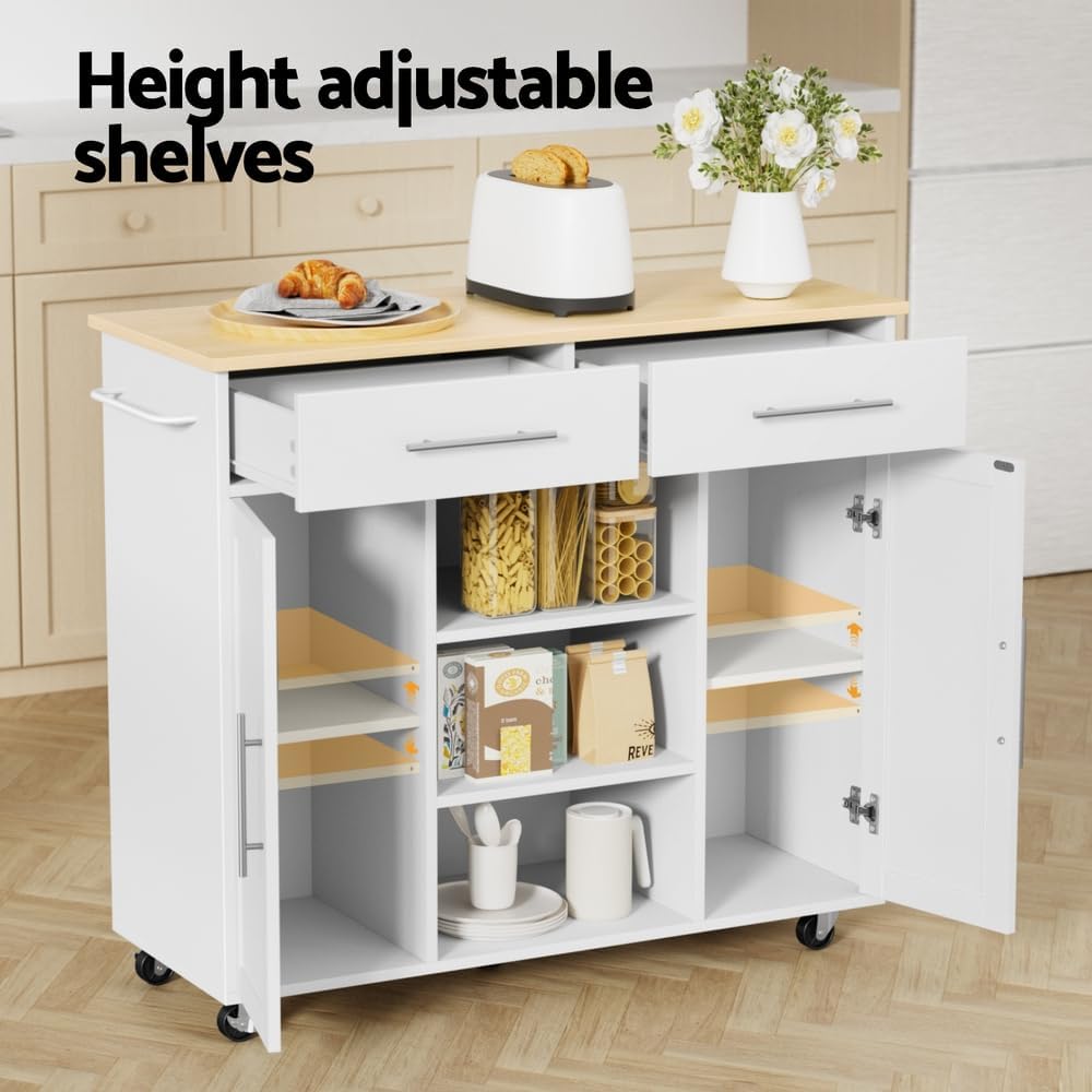 Kitchen Island Trolley Rolling Serving Cart Storage Drawer Cabinet 100cm White