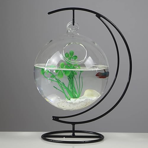 Miniatura 5 de Simple pecera colgante de escritorio, pecera creativa de vidrio transparente con soporte de metal, acuario de peces pequeño para decoración del