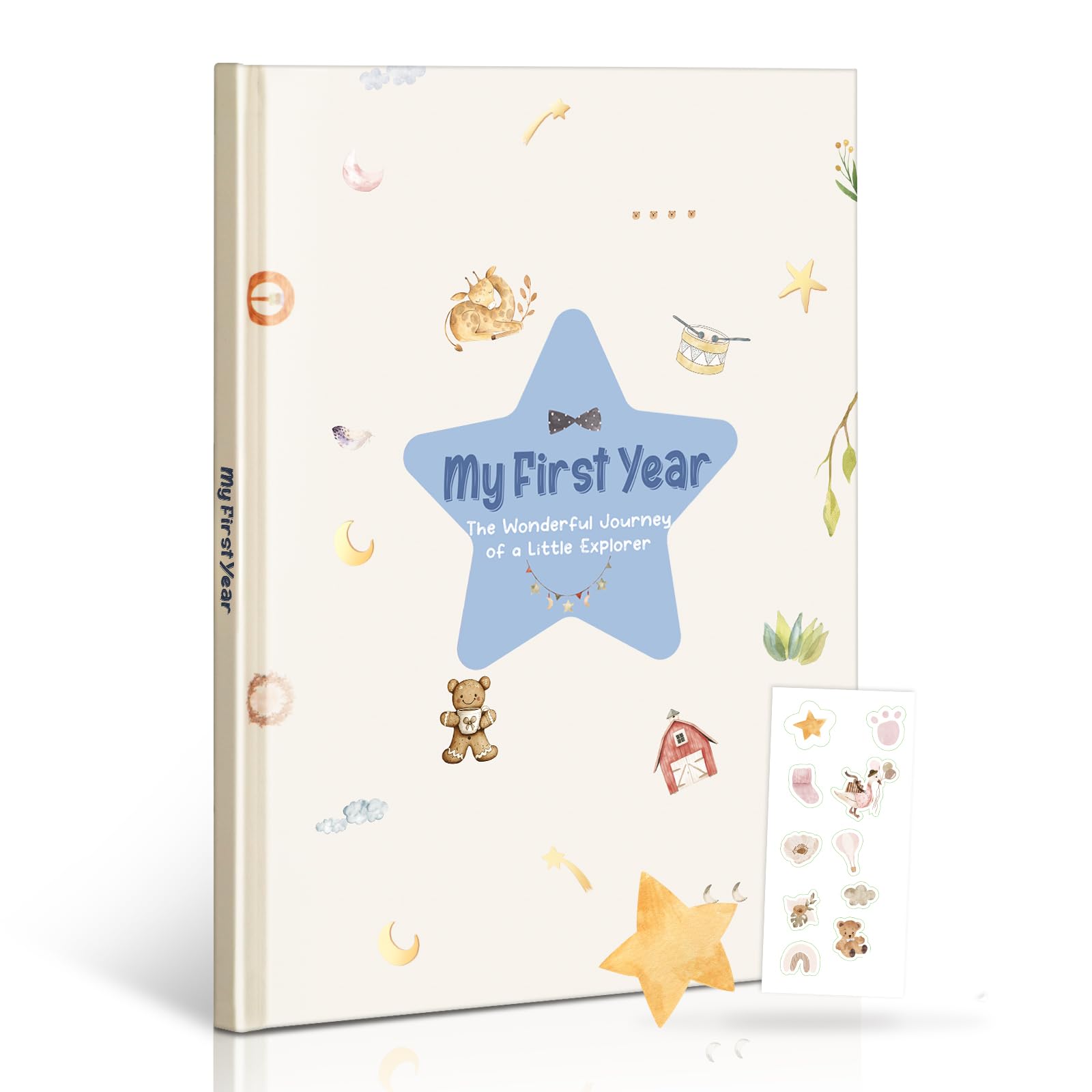Printara My First Year Baby Memory Book – A4 Diary & Keepsake Album With Star Design, Includes 10 Stickers, Ideal For Birth, Baptism & Baby Shower
