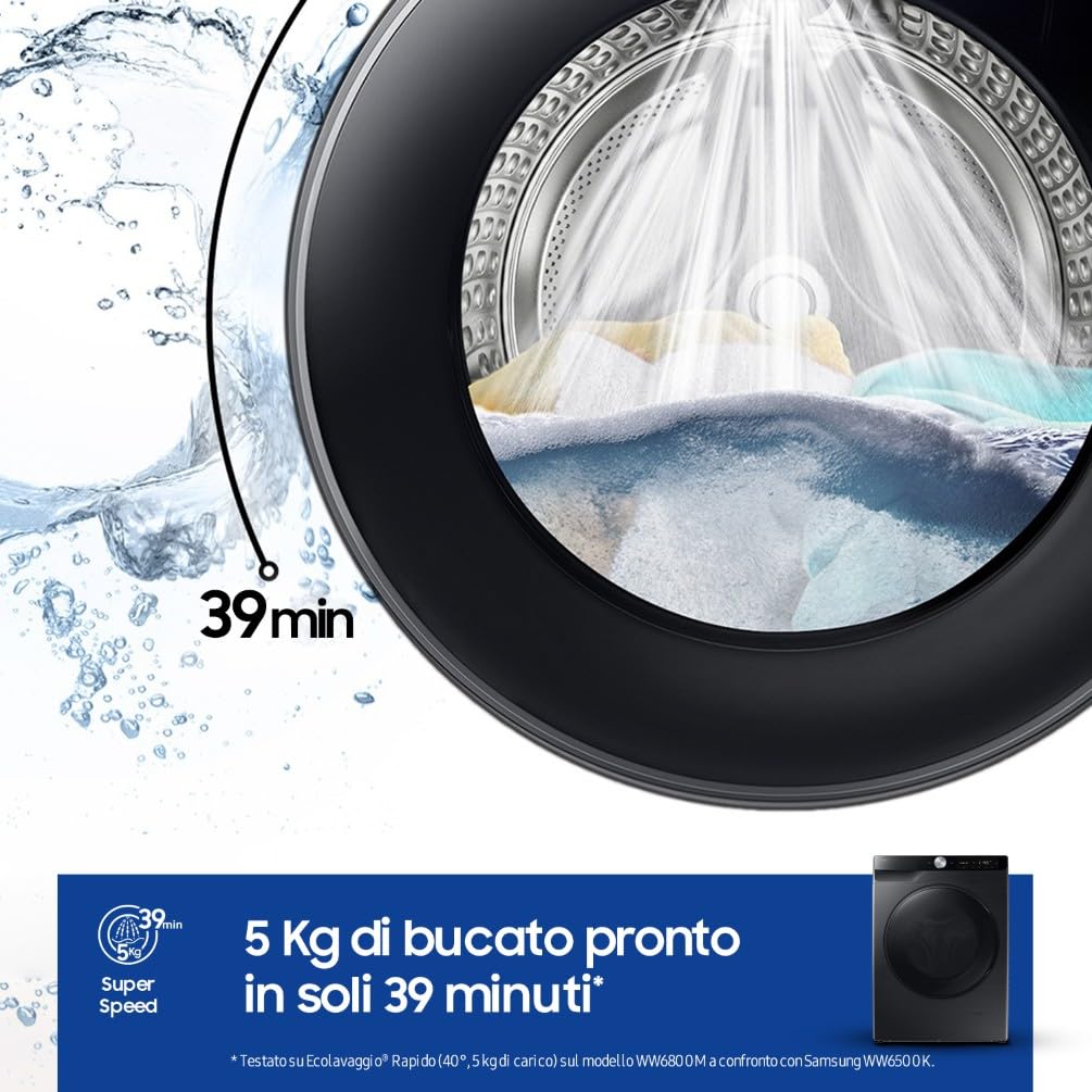 Samsung Lavasciuga Slim AI Control EcoDosatore WD90DG6G94BB, 9+5 kg, Wifi, Ecodosatore, AI Wash, Carica Frontale, 60L x 85H x 48P cm