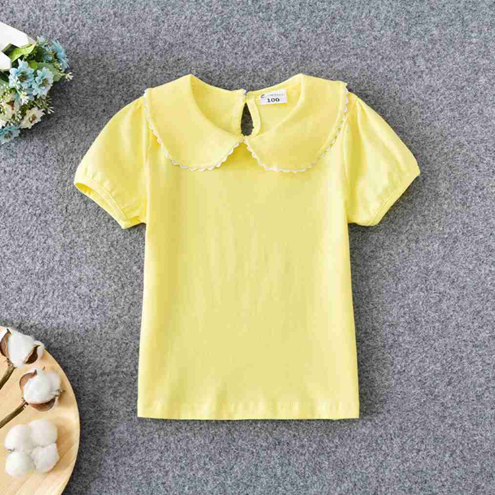 LNICEAR Kids Toddler Baby Girls Doll Collar Short Sleeve T-Shirt Basic Solid Color Tops Blouses Tees Summer Clothes B-Yellow 3-4T