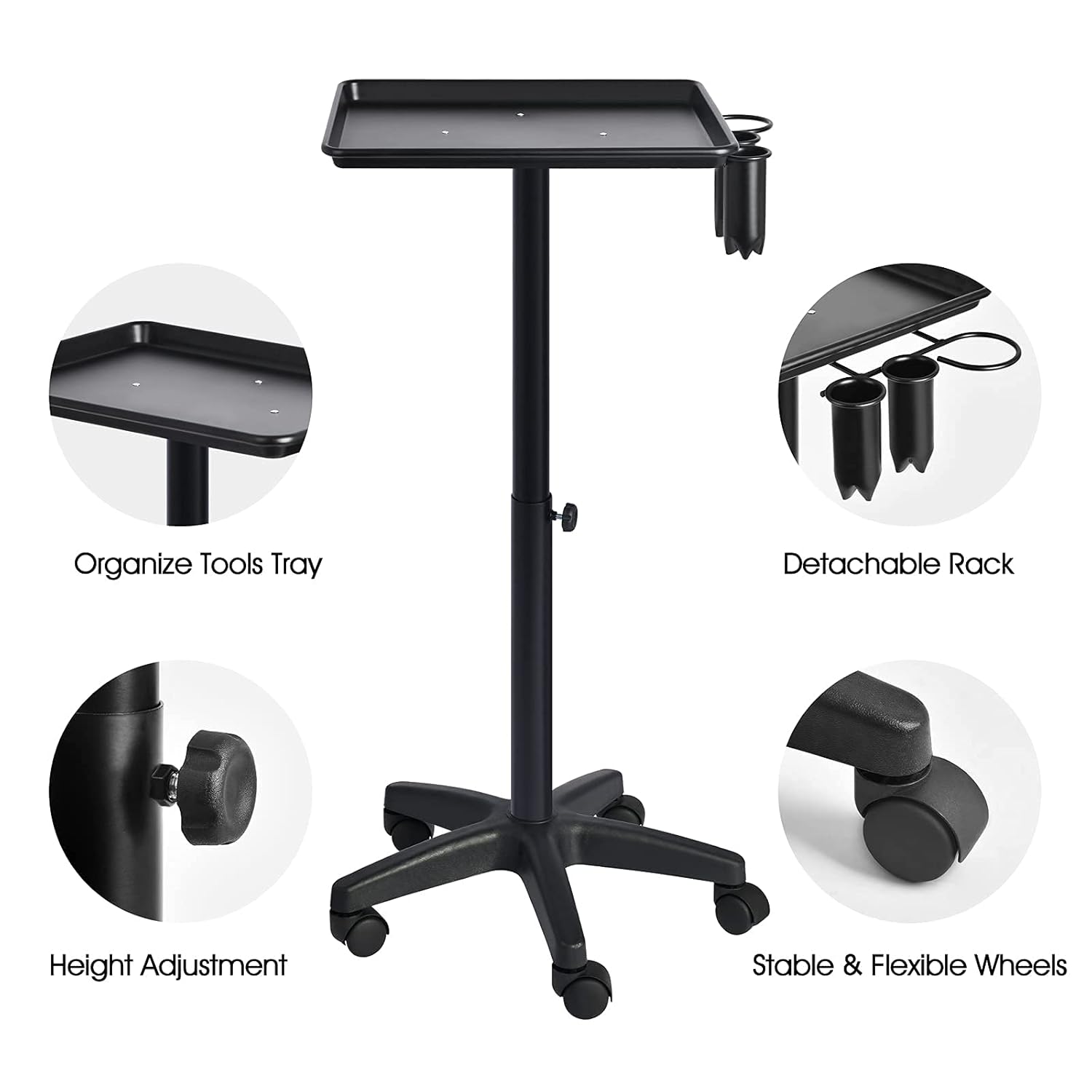 Klvied Salon Tray with 2 Cups and 1 Metal Loop, Rolling Utility Cart on Wheels, Adjustable Height Tattoo Tray, Multi-Purpose Rolling Tray, Black Rolling Tray, Premium Aluminum Instrument, Black : Beauty & Personal Care