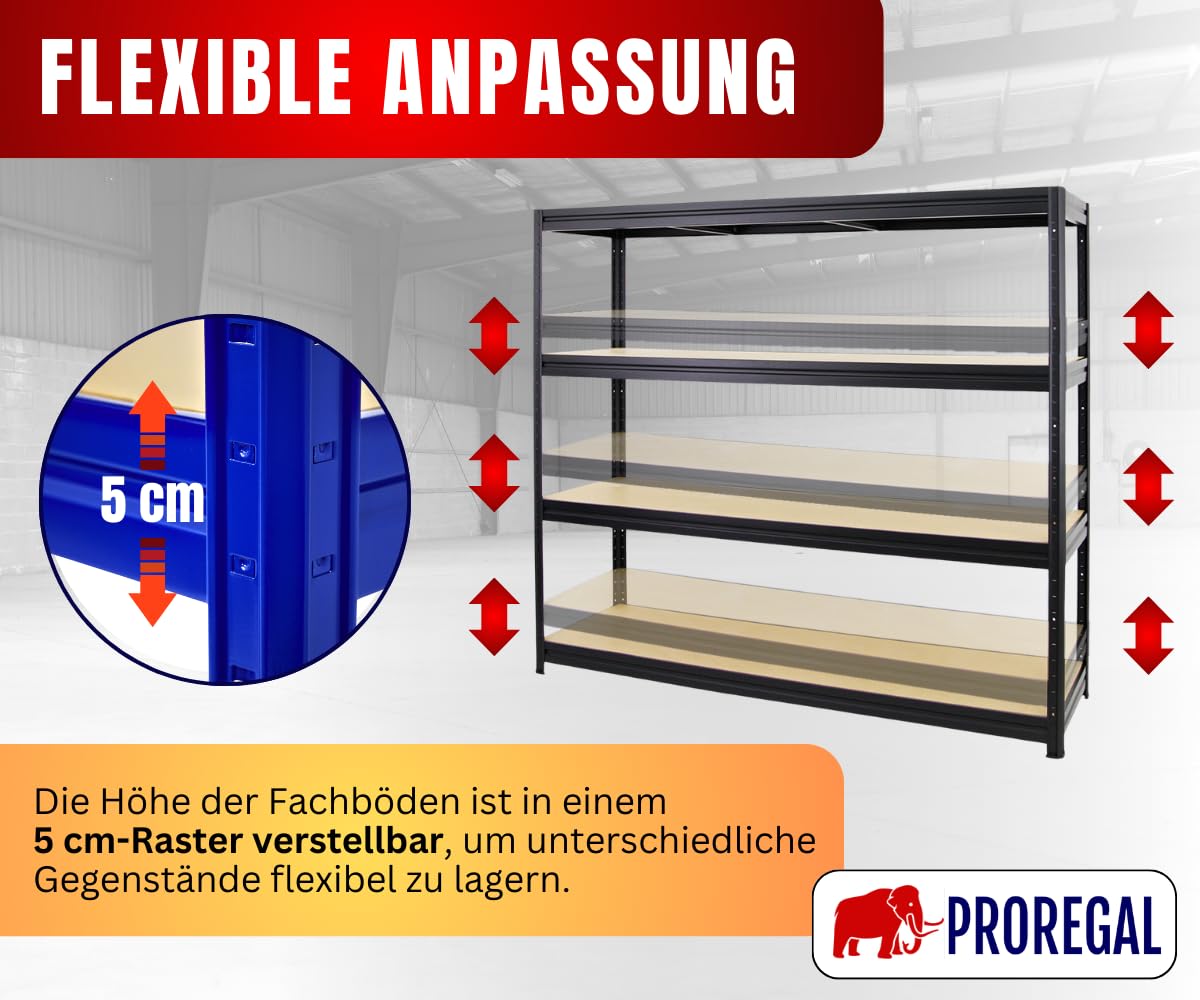 PROREGAL Schwerlastregal Dino Extra Breit 180x200x60 cm Fachlast 500kg Schwarz, Garagenregal, Lagerregal, Steckregal, Weitspannregal
