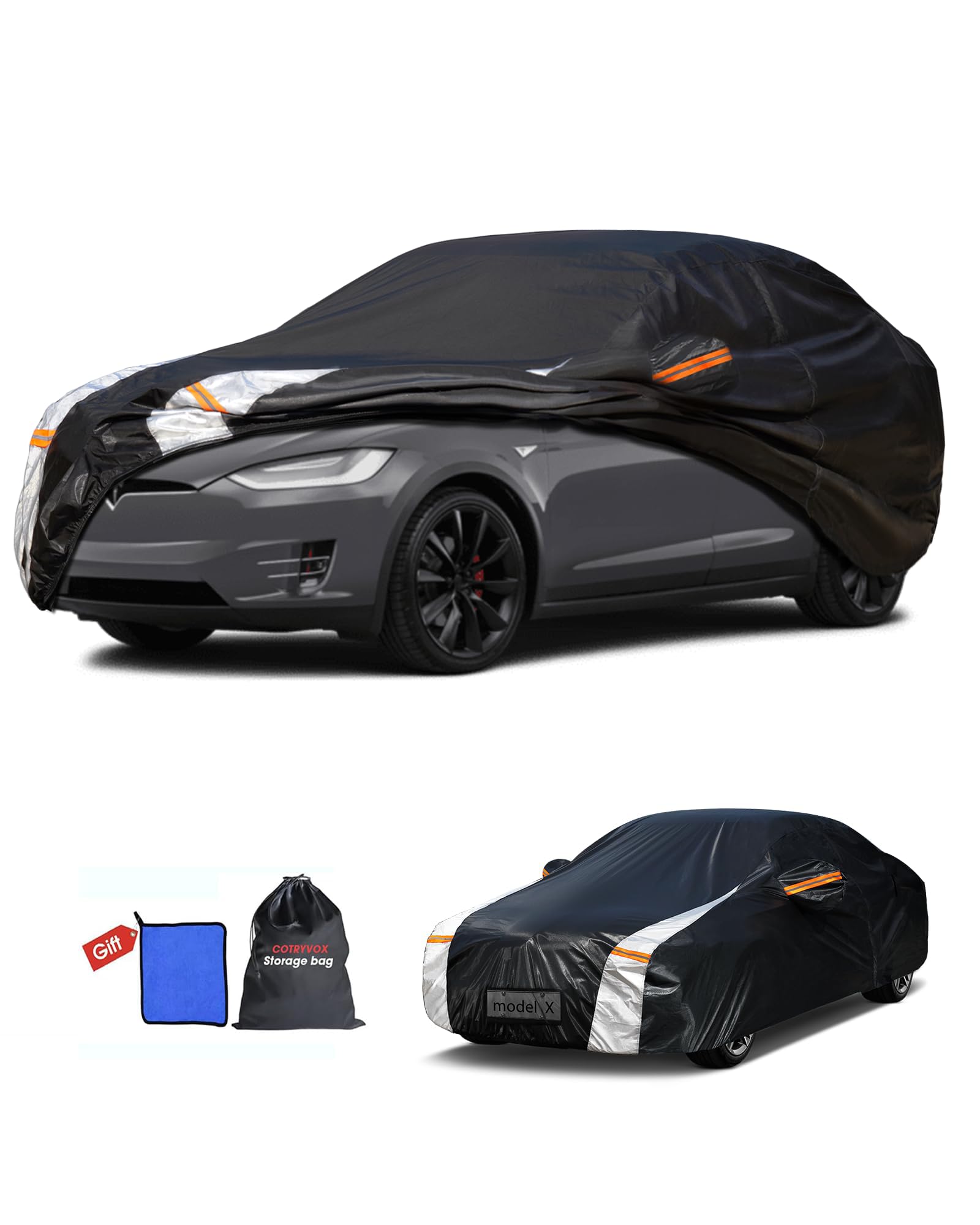 Photo 1 of 12-Layer Custom Fit Car Cover for Tesla Model X (2015-2026), Upgraded Waterproof All-Weather Full Exterior Cover with Door Zipper, for Snow Rain Dust and Sun UV Protection-Black.