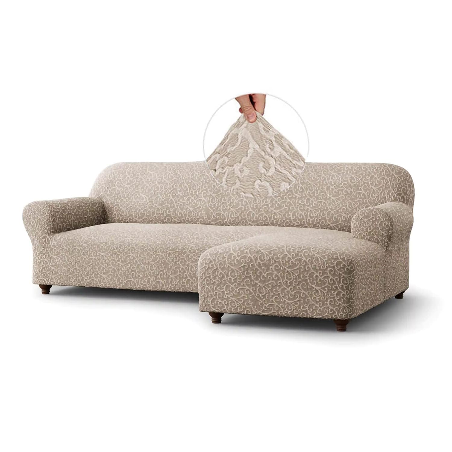 Menotti L Shape Sofa Cover - Sectional Covers - Chaise Lounge Couch Cover - Soft Fabric Slipcovers - 1-piece Form Fit Stretch Furniture Slipcover - Jacquard Collection - (Arabesco, L-shape Right)