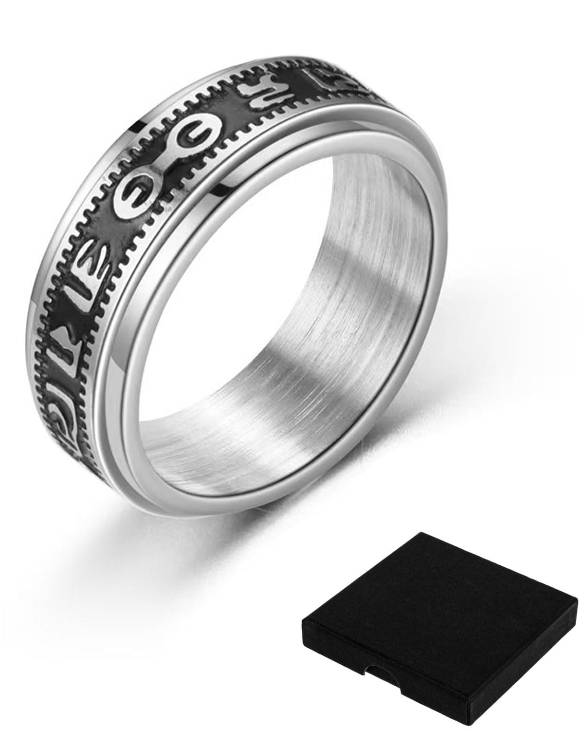 Set 3 Anelli Uomo In Acciaio Inox Nero - Design Antistress Con Motivo Drago E Catena