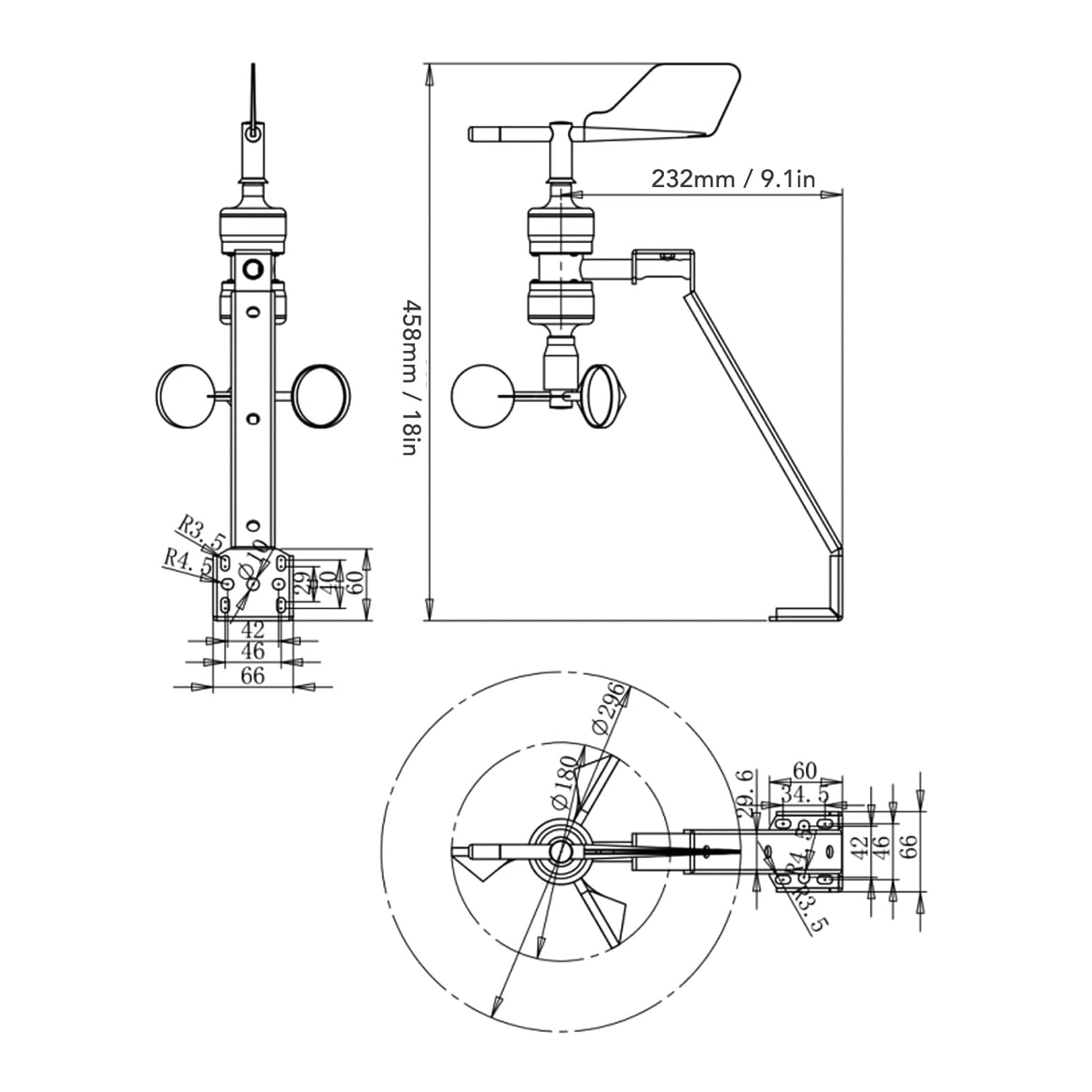 generic Wind Speed Direction Sensor with Signal Output IP64 0-2.5V, 3-Cup Anemometer with Aluminum Alloy Housings, DC5V Power for Monitoring