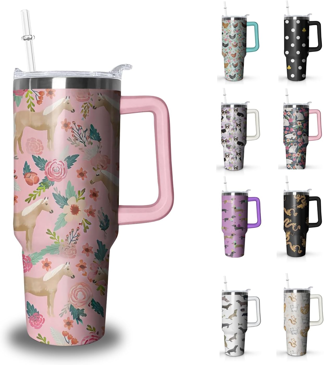 Horse Tumbler with Handle and Straw, 40 oz Stainless Steel Pink Insulated Cup with Lid and Straw,Travel Coffee Mug Water Bottle, Birthday Christmas Mothers Day Gifts for Animal Lovers Women