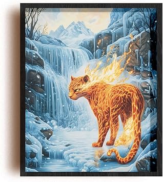 Unframed 12 x 16 IN Matte Wall Art Print Of Pointillism Poster featuring a Mythical Fire Panther by a Serene Waterfall in an Icy Tundra - Evoking Mysticism and Enchantment in Na. - 925POSMi4583oWH