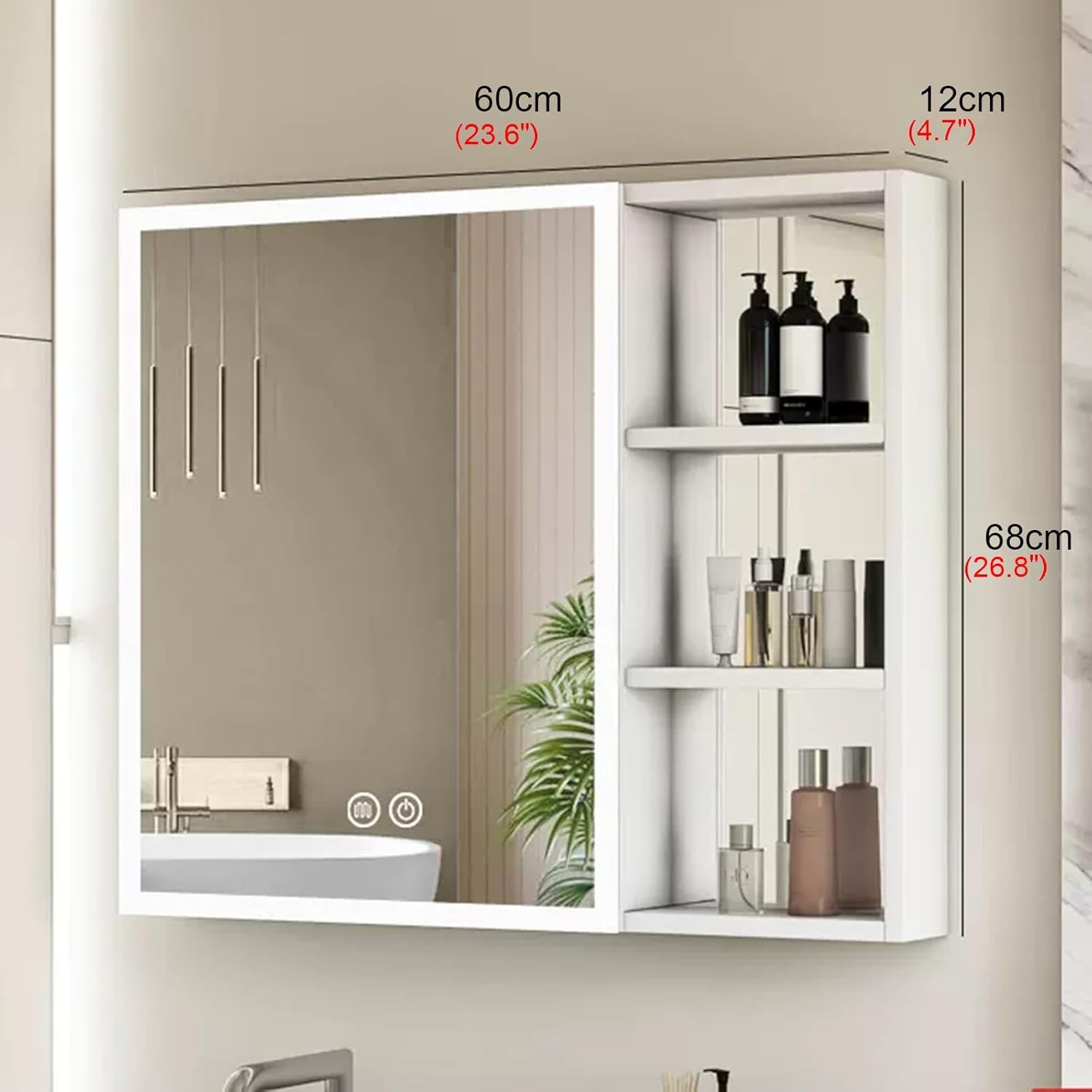 Dual Touch Smart Bathroom Mirror Cabinet Bathroom Mirror Cabinet Aluminum Single Door Mirror Cabinet LED Light Cabinet 1 Key Defogging Beauty Mirror Cabinet Large Storage Space(White,60cm)