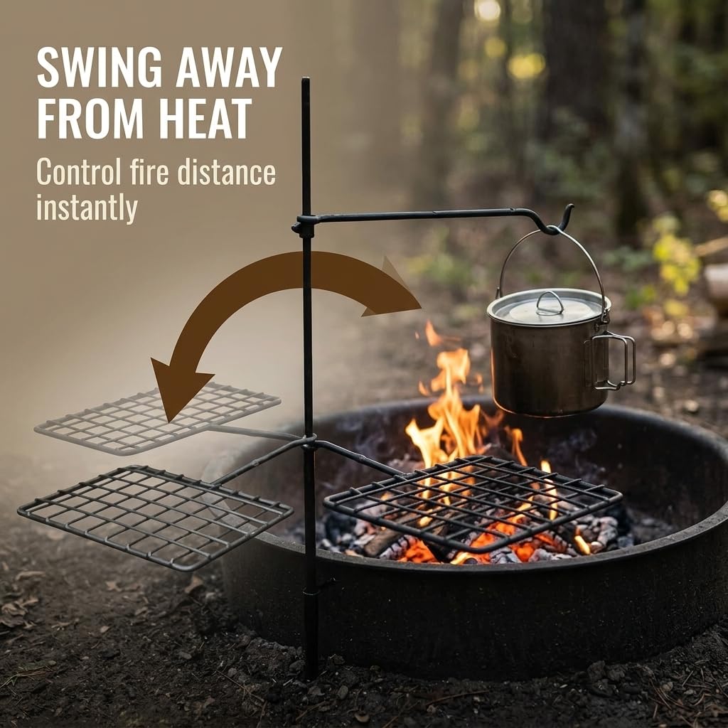 BATTLBOX Bushcraft zestaw grilla, stalowy ruszt do gotowania na ognisku, obrotowy grill na świeżym powietrzu, otwarty ogień, pakowany zestaw do gotowania przy ognisku, wytrzymały grill kempingowy,