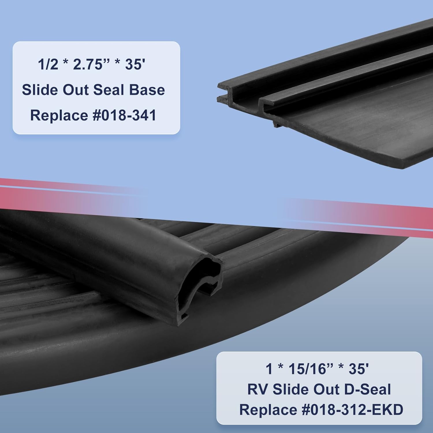 Combo RV Slide Out Seal Kit Replace 018-312-EKD & 018-341 EK,1' * 15/16" * 35' D-Seal Wiper & 1/2' * 2.75" * 35’ Travel Trailer Weather Stripping Clip Base,Black Rubbers for Camper Slideout System