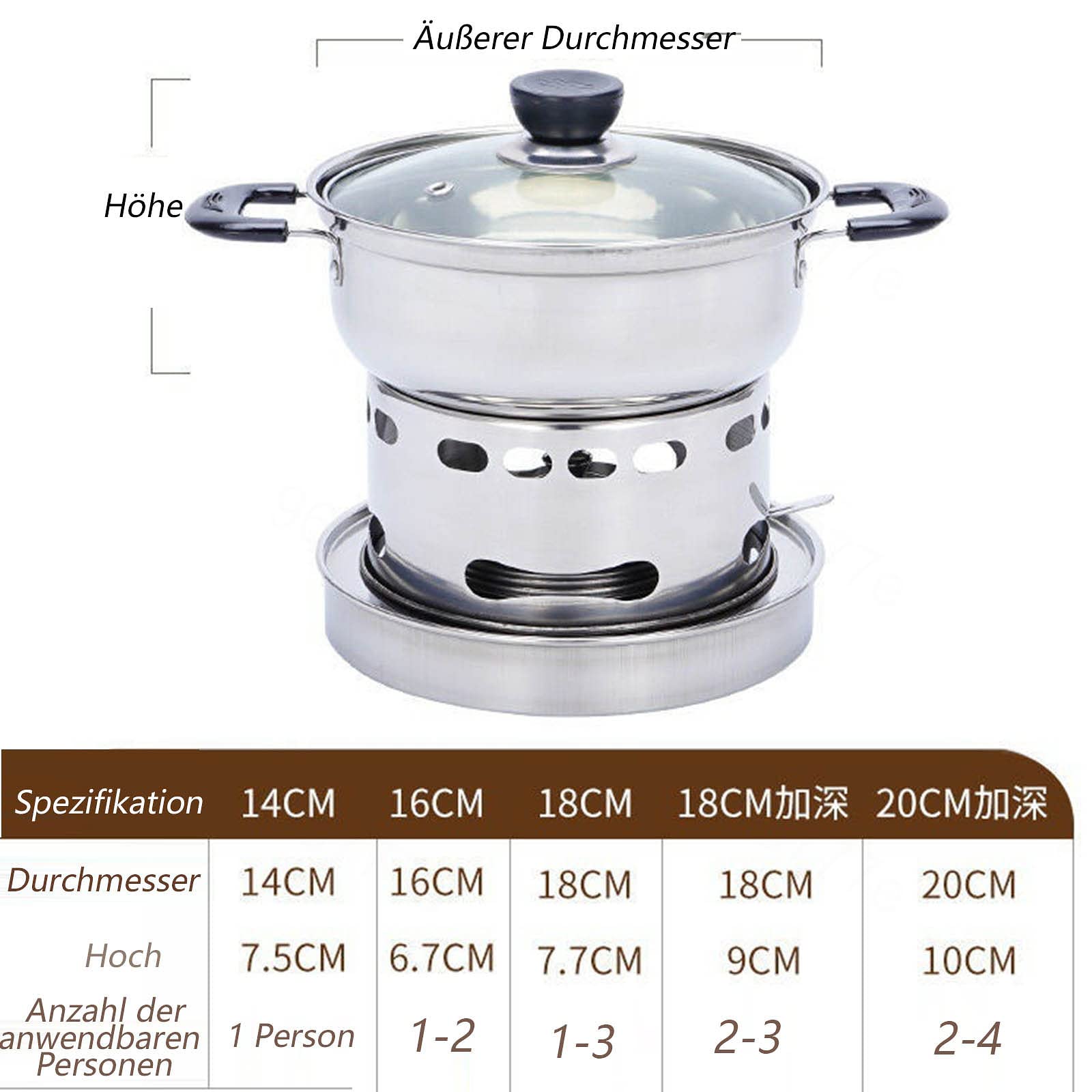 ZBYY Spirituskocher Für Innenräume, Erhältlich in 5 Größen，tragbare spirituskocher fiir innenraume,Spirituskocher Innenraume,Rostfreier Stahl,Mit Topf und Löffelset,18cm