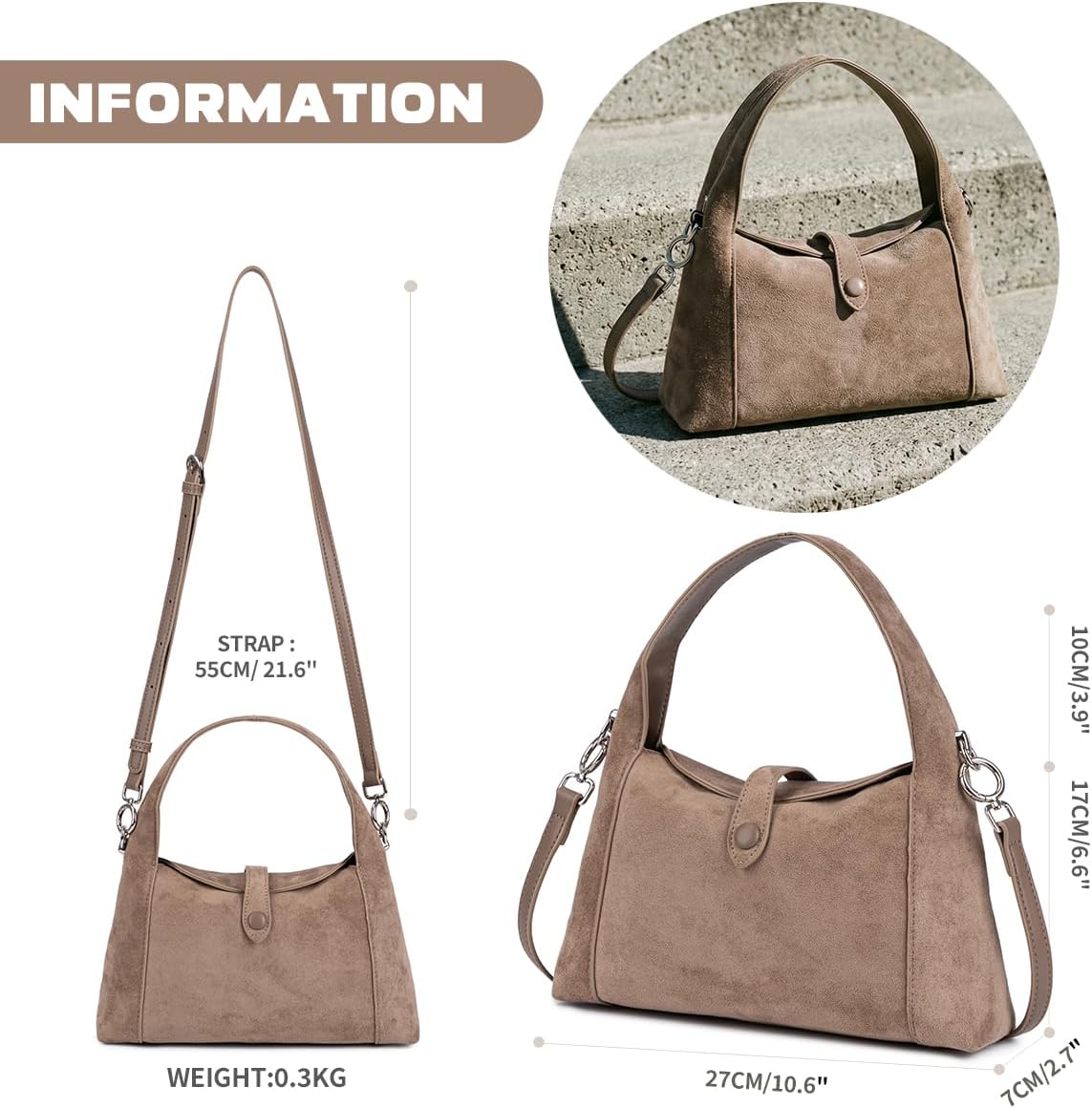 Suede Shoulder Bag for Women, Vintage Half-Moon Hobo Tote Handbag, Soft Suede Crossbody Purse with Detachable Strap