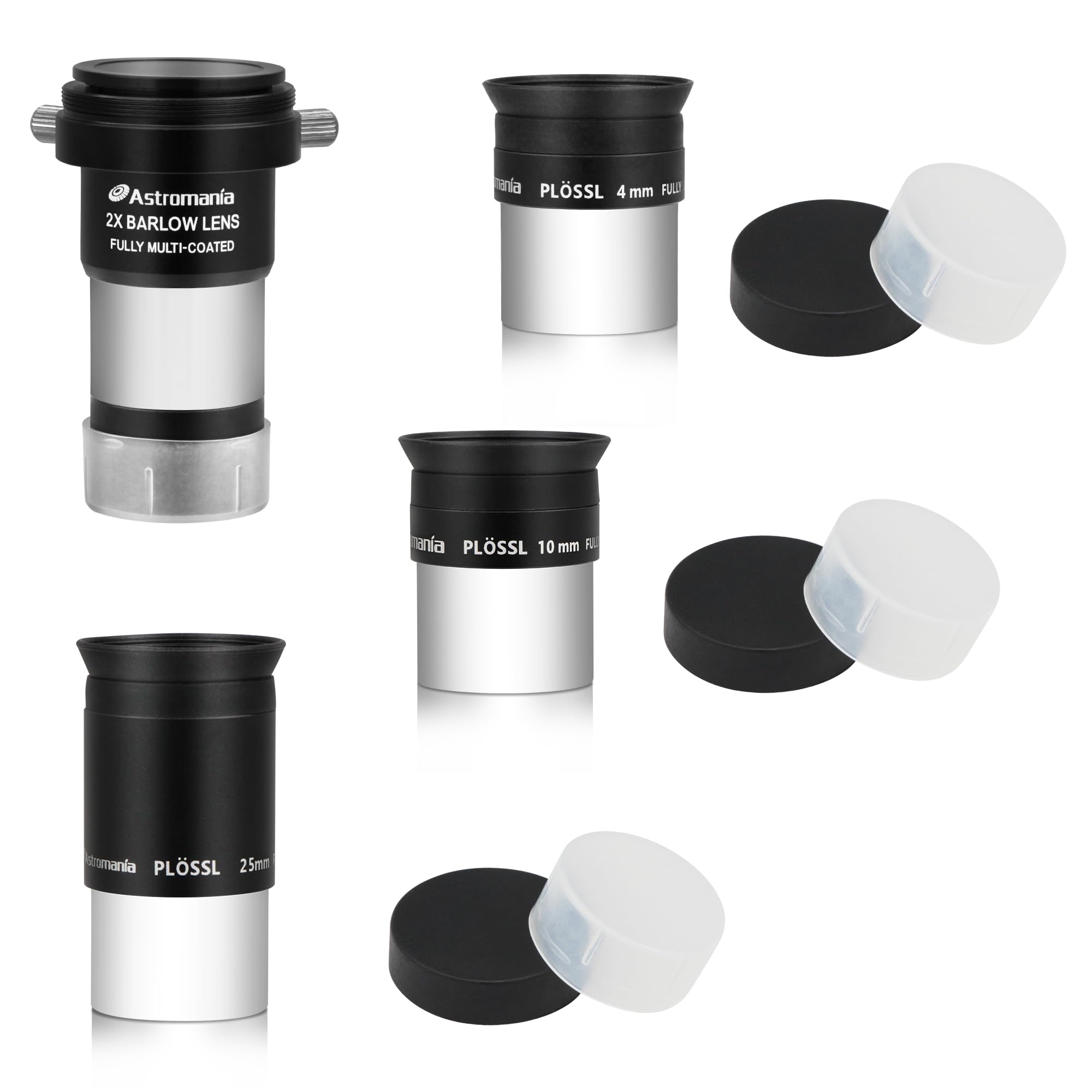 Astromania Telescope Accessory Kit Eyepiece Set with Three Plossl Eyepieces Including 4mm 10mm 25mm and Barlow Lens 2X, FMC Telescope Lense for 1.25