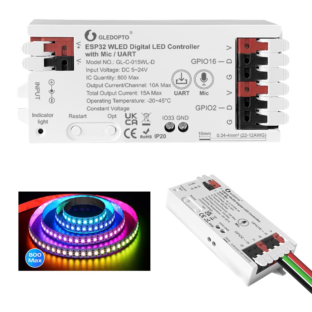 GLEDOPTO ESP32 WLED LED Strip Controller with Mic UART Download 5-24V RGB DIY APP Control Easy Wiring FCOB Addressable Strip Light for WS2811 WS2812 SK6812 TM1814 WS2813 WS2815 (015WL with Mic/UART Download)
