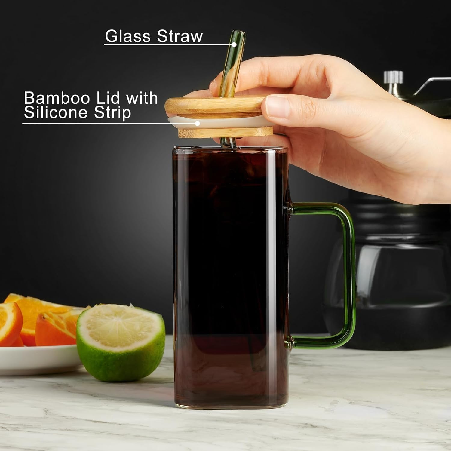 YKXIMS Glass Mason Jar with Bamboo Lid and Straw, 550ml Capacity, Clear Sipper for Cold Drinks, Smoothies, Cocktails, Coffee, Tea, Set of 1 (Wooden LID Square Handle) 1