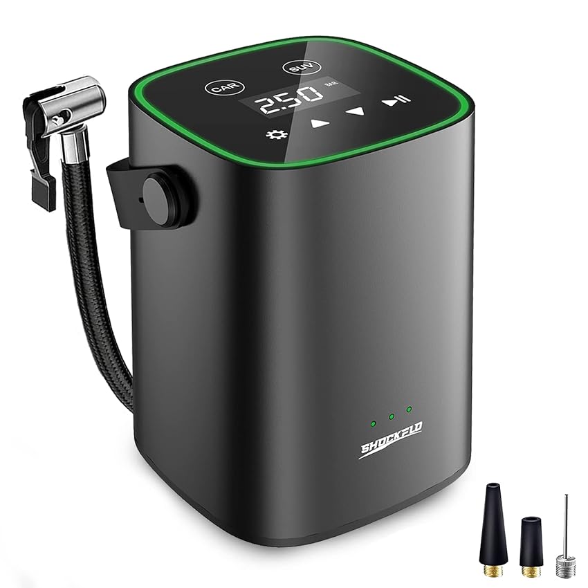 Immagine del prodotto ShockFlo Compressore Aria Portatile 150PSI,Mini Compressore Portatile 4500mAh Ricaricabile Compressore Aria Pompa Gonfiatore, Pompa Bicicletta Elettrica con Schermo LCD per Auto, Moto