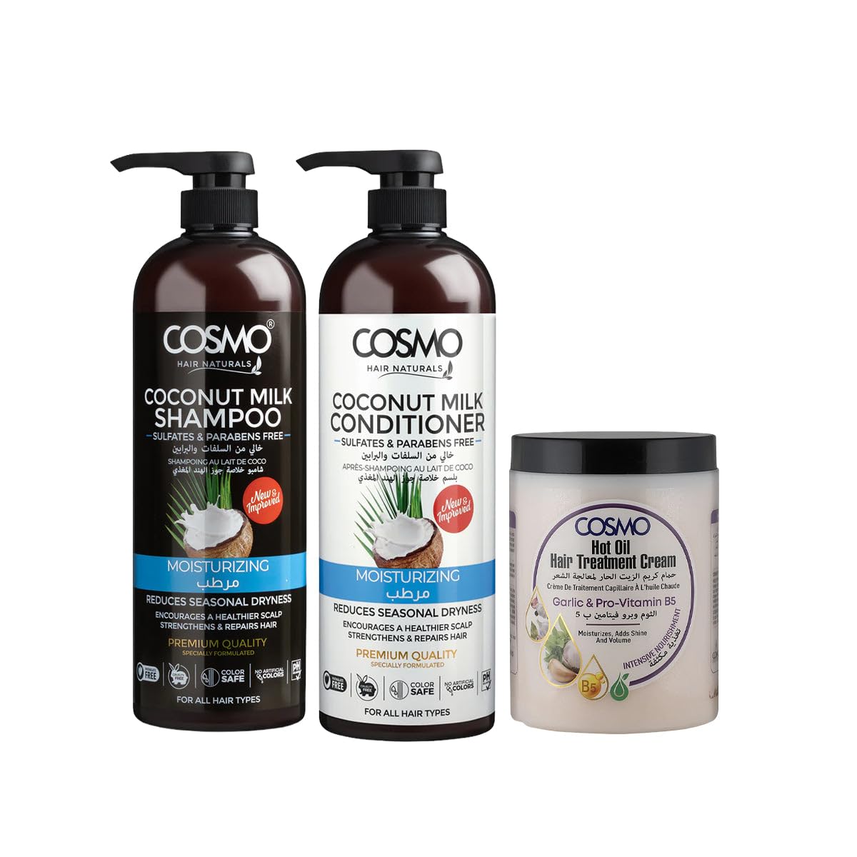 Cosmo Hair Care Moisturizing Coconut Milk Hair Treatment Set Pack Of 3 | Shampoo, Conditioner & Hot Garlic Oil Treatment Cream | Sulfates & Parabens Free | Reduces Season Dryness | For All Hairs Types-image-17