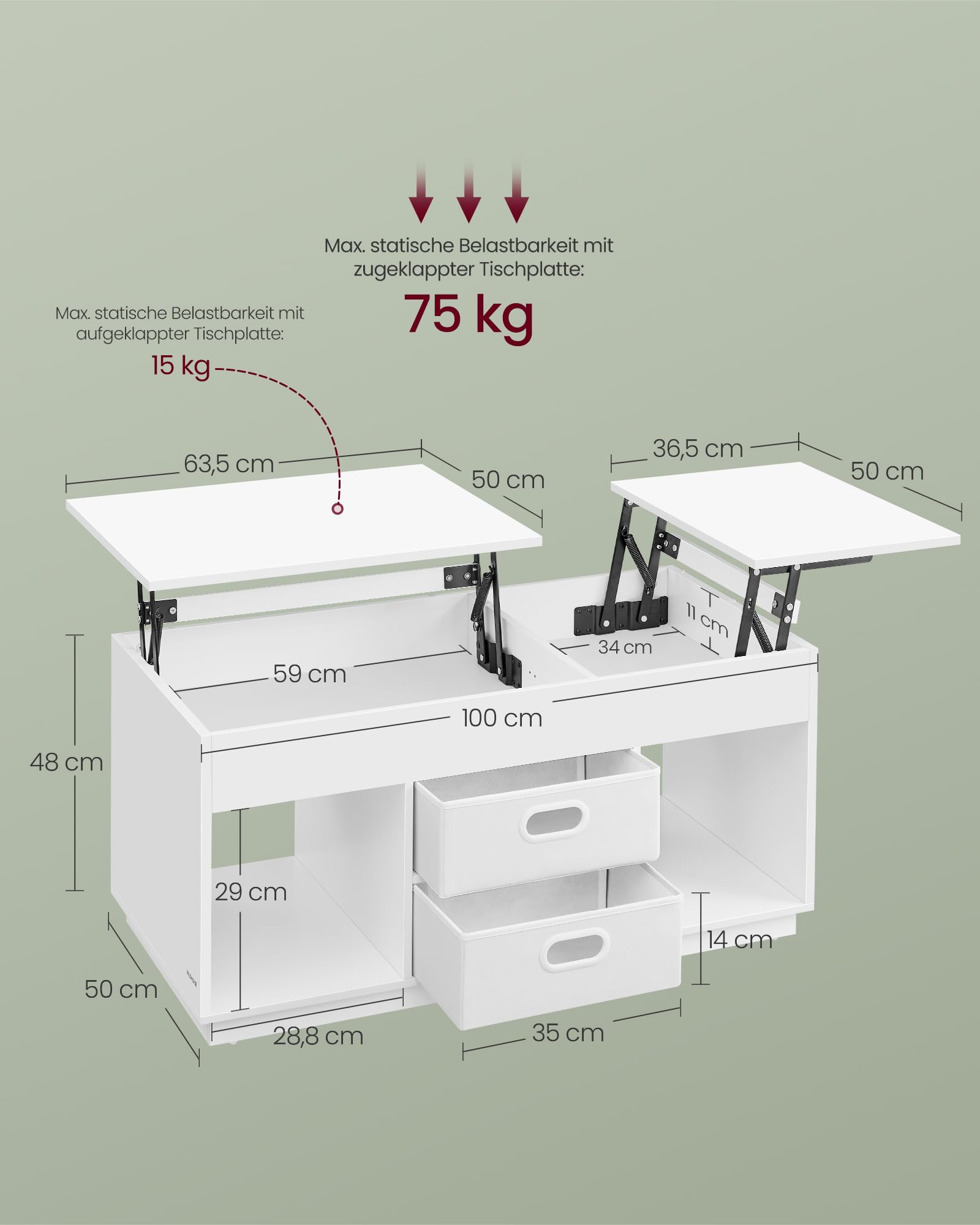 VASAGLE CUSTOS Kollektion - Couchtisch, höhenverstellbarer Wohnzimmertisch, 2 Schubladen und versteckte Fächer, Kaffeetisch, offene Fächer, für Wohnzimmer, Homeoffice, schneeweiß LCT210W01