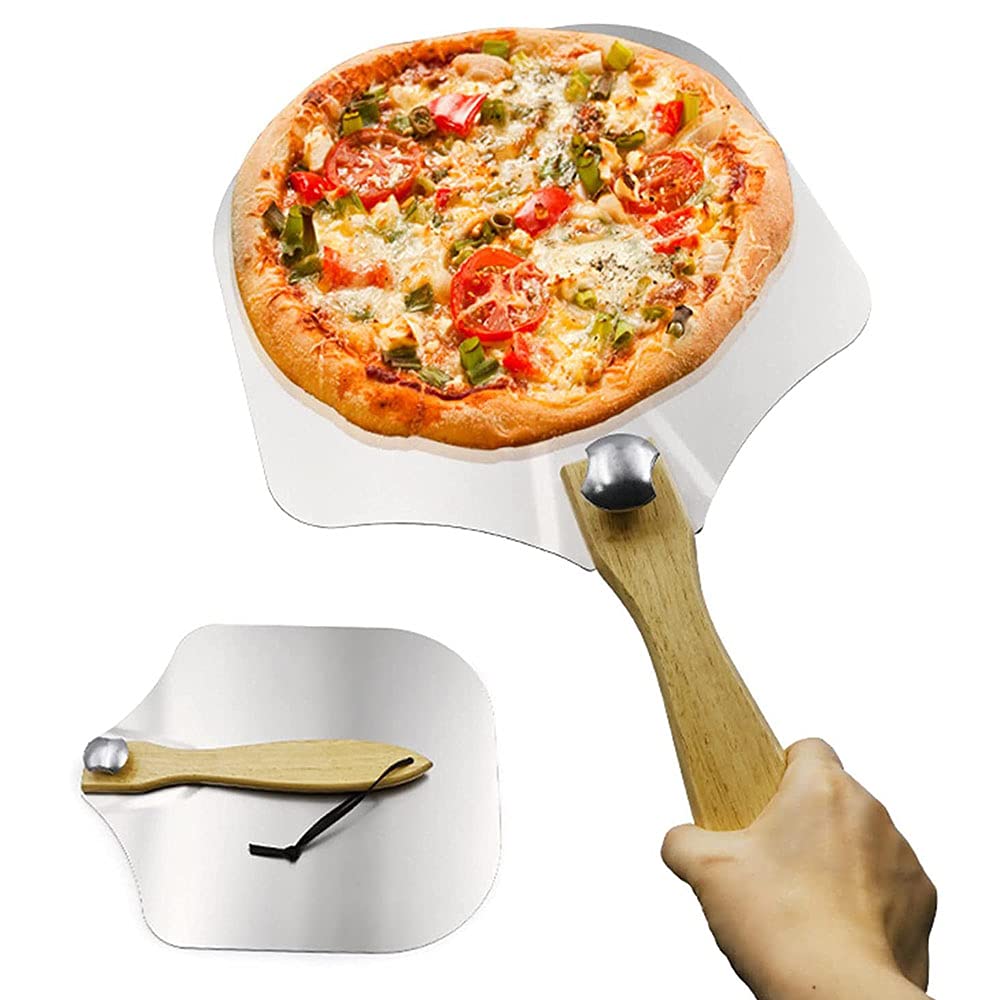Łopata do pizzy, metalowa łopatka do pizzy, aluminiowa metalowa łopatka do pizzy, skórka do pizzy Aluminiowy metal, ze składaną drewnianą rączką, do pieczenia domowego chleba do pizzy