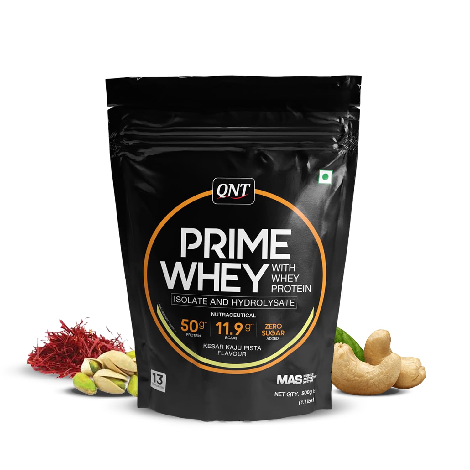 QNT Prime Whey Protein Powder | Kesar Kaju Pista, 500 gm | Triple Blend of Whey Isolate, Concentrate & Hydrolysate | 25g Protein, 5.6g BCAA per Scoop | Best Whey Protein Powder for Men & Women