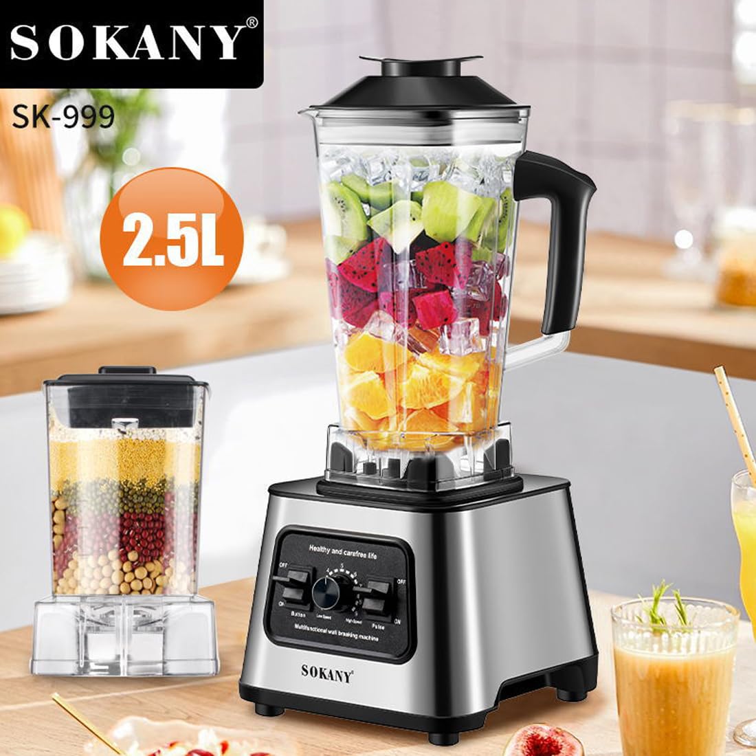 SOKANY SK-999 Mélangeur vertical 2 en 1 de 6000W, mélangeur à haut rendement doté de 15 vitesses [2,5 l de machine à smoothies et moulin à café], fonction de broyage de glace, fonction d'autonettoyage